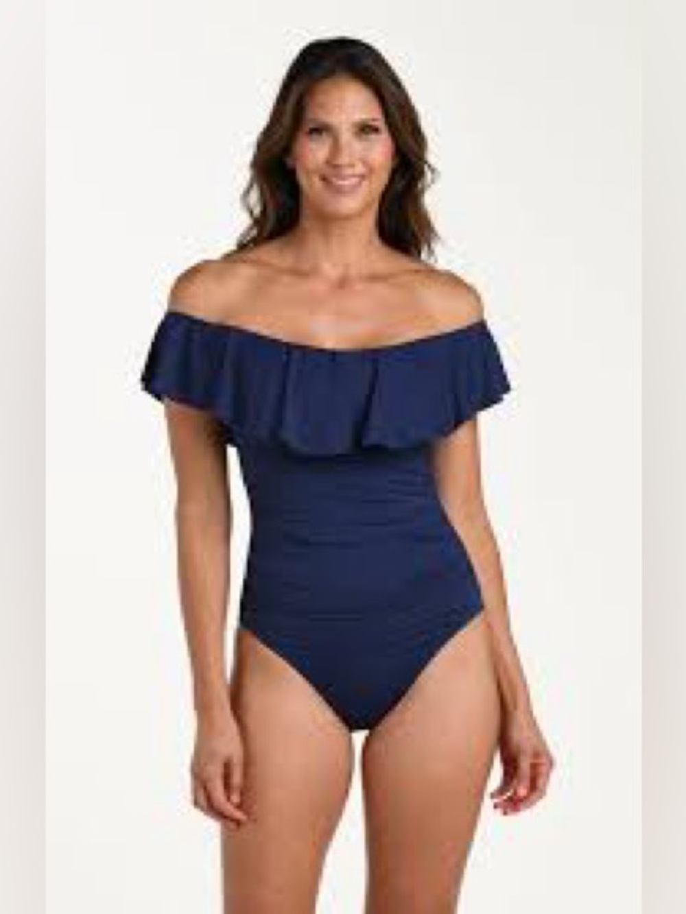 La Blanca blue Island Goddess Off Shoulder Ruffle One Piece swimsuit, US 10.